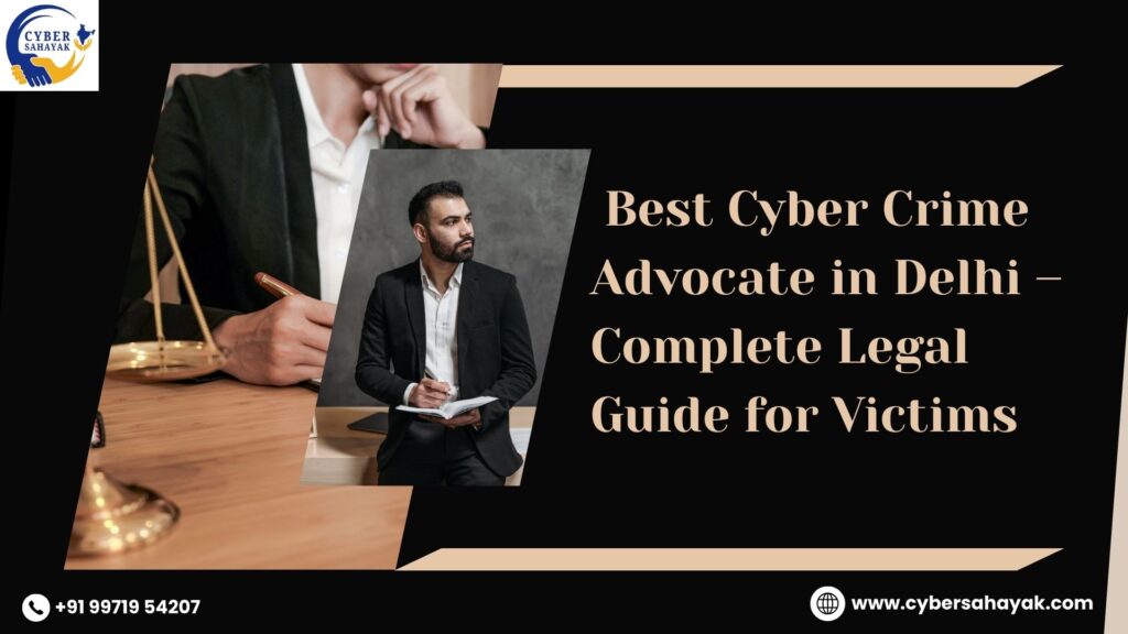 Best Cyber Crime Advocate in Delhi legal services banner with lawyer and justice scale, Cyber Sahayak branding.